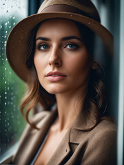 Canvas Print - A woman wearing a brown hat and a brown jacket is looking at the camera. The image has a warm and inviting mood, with the woman's smile and the hat adding a touch of charm