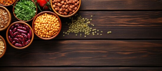 Poster - Assorted Beans and Legumes in Rustic Bowls on Wooden Background with Copy Space