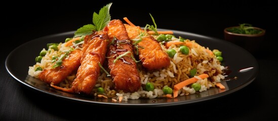 Poster - Golden Battered Salmon Strips on Crispy Dark Fried Rice - A Gourmet Delight