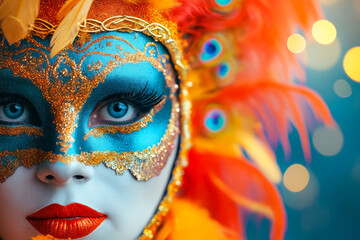 Poster - Person with blue eyes and colorful mask on their face.