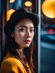 Poster - A woman wearing a black hat and a yellow sweater. She is looking at the camera. Scene is casual and relaxed