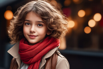 Sticker - A young girl with a red scarf and brown jacket is smiling. The image has a warm and friendly mood