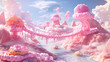 A 3D cartoon dream scene with a sky made of cotton candy  floating islands of sweets  and bridges made of licorice strings