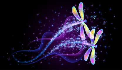 Wall Mural - Magic dragonflies with fantasy sparkle and blazing trail and glowing stars on night background