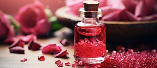 Leinwandbilder - Luxurious Rose Petals Essence in a Elegant Glass Bottle with Sea Salt Closeup