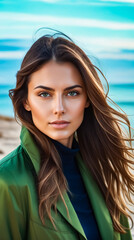 Sticker - A woman with long brown hair and green jacket is standing on a beach. She has a beautiful smile on her face