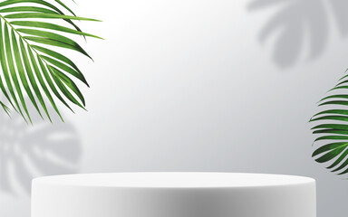 Wall Mural - Blank white podium for product with tropical leaves 3D render