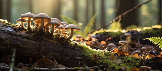 Poster - Enchanting Forest Scene: Array of Armillaria Mellea Mushrooms on Weathered Tree Stump