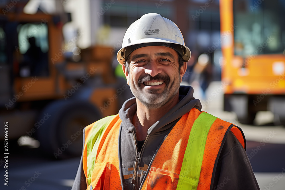 Men public works worker smiling at work. Working man. Public works job offer. AI.