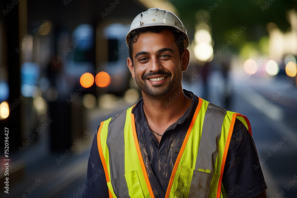 Men public works worker smiling at work. Working man. Public works job offer. AI.
