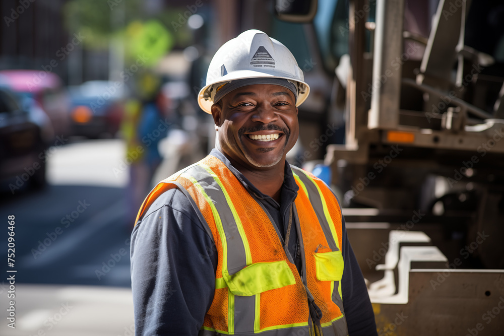 Men public works worker smiling at work. Working man. Public works job offer. Afro american man. Black man. AI.