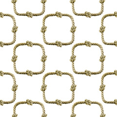 Wall Mural - Seamless pattern of watercolor Rope with knot square frame. Ropes, rounded borders, decorative of marine cable illustration. Nautical twisted knot logo on white background. Endless loop twisted