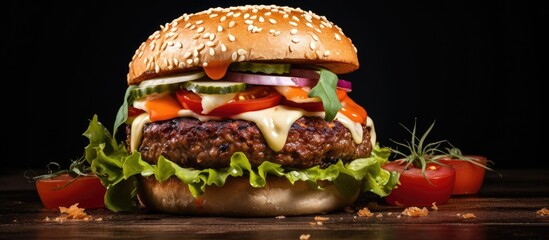 Poster - Succulent Meat Burger Topped with Cheese and Fresh Vegetables on a Rustic Wooden Table