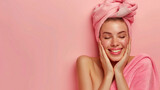 Fototapeta Do akwarium - Happy joyful girl in spa salon isolated on pastel color