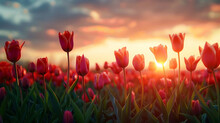 Red Tulips  Field  In The Background Of The Sunset