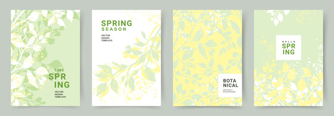 Wall Mural - Spring trendy backgrounds with green fresh leaves. Abstract vector templates for poster, invitation, card, flyer, cover, banner, brochure, social media, sale, advertising