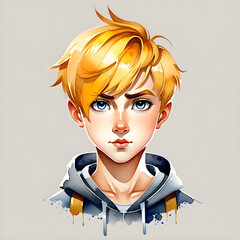 Wall Mural - Sunny Expressions: Watercolor Portraits of a Cute Boy Character with Yellow Hair Displaying Various Emotions.(Generative AI)