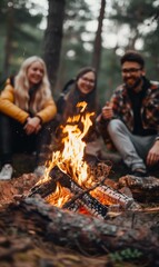 Sticker - Three people sitting around a campfire in the woods. Generative AI.