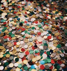 Sticker - A pile of coins and other small objects on a table. Generative AI.