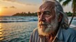 An older man with a beard and long hair standing by the ocean. Generative AI.