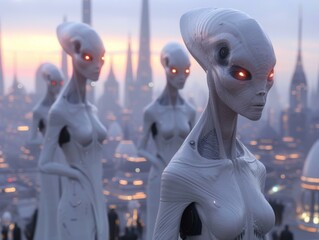 Sticker - A group of white alien statues with glowing eyes in a city. Generative AI.