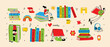 © virinaflora - World Book Day graphics - book week events. Modern flat vector concept illustration of reading people, young man reading book flying in the sky in retro style