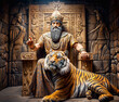 Ancient sumerian king resting in his throne in the company of a tamed tiger. Digital art.