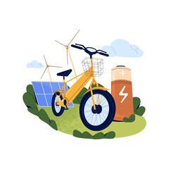 Wall Mural - People use electric bicycle. Ecologic clean hybrid bike. Sustainable city vehicle, transport. Battery charge with solar, green energy. Ecology concept. Flat isolated vector illustration on white