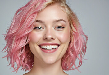 Wall Mural - Laughing blonde woman with pink curly hair