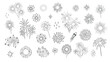 Fireworks burst line icons set. Thin black outline silhouette of starburst or sun with light rays and sparks, fireworks explosion monochrome icons, festive party element collection vector illustration