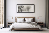 Fototapeta  - Minimalistic elegance in a bedroom, a blank white frame complementing the simplicity of a monochromatic color scheme.