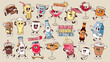 Groovy cartoon drink characters set. Funny beer glass and bottle, coffee cup and cocktail, soda water can. Retro drink mascot collection, cartoon typography stickers of 70s style vector illustration