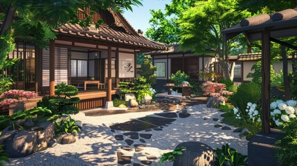 a serene scene featuring a traditional tea house nestled amidst the bustling streets of a Japanese city, with carefully manicured gardens providing a tranquil oasis amidst the urban chaos