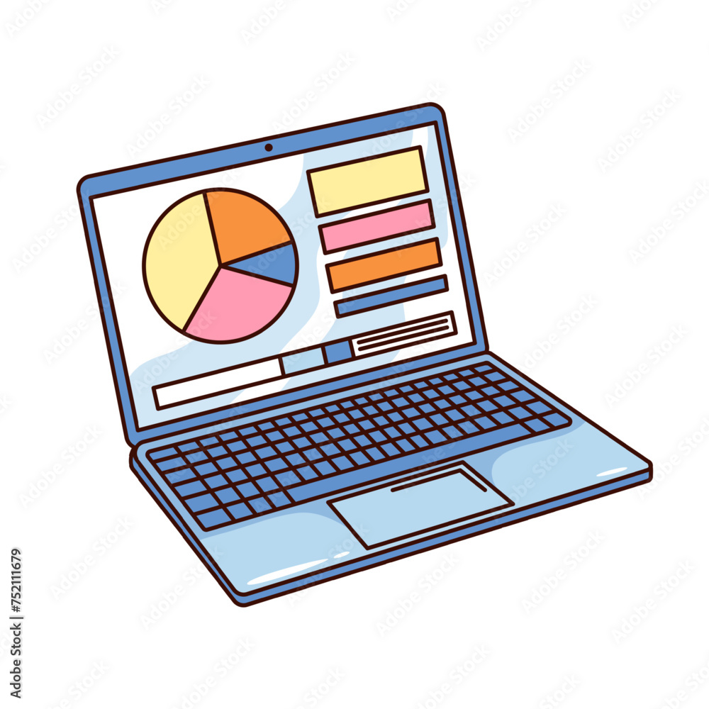 Computer Chart Cartoon Groovy cartoon laptop with pie chart on screen. Funny retro computer ...