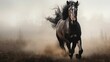 Image of a black horse galloping through a misty meadow.