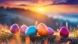 colorful easter eggs in font of wonderful nature landscape with green forest, lake and mountain