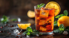 Glass Of Traditional Iced Tea Garnished With Lemon And Mint On Dark Background