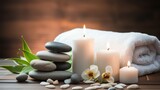 Fototapeta Dziecięca - A Spa and health care services Decorated with candles, spa stones and salt on a wooden background. White towels with bamboo sticks and candles for relaxing spa massages and body treatments.