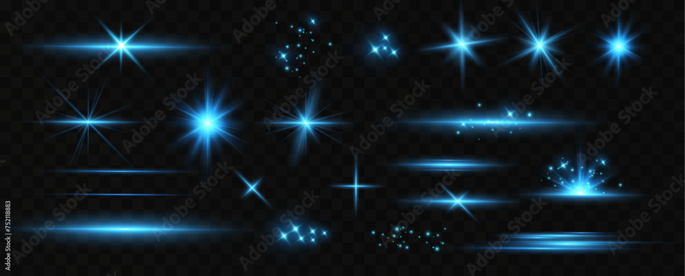 Bright Star. set of light blue effects, including glare and explosions ...
