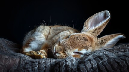 Wall Mural - A fawn rabbit with long ears sleeps on a blanket in darkness