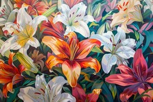Colorful Lily Flowers Painting.