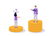 Social inequality, Salary gap concept. Standing on stacks of coins. Cartoon Flat Vector illustration for banner, website, landing page, flyer.