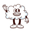 Groovy cloud cartoon character greeting with funky smile. Funny retro white bubble cloud showing happy grin with teeth, cloudy weather mascot, cartoon sticker of 70s 80s style vector illustration