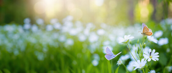 Aufkleber - Springtime Forest glade with lots of white spring flowers and butterflies on a sunny day
