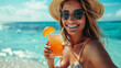 A young girl holds a fruity cocktail on a beach vacation, radiating refreshment and holiday joy. This vibrant image captures the essence of tropical relaxation, refreshing beach getaway.