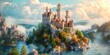 A fairy tale castle on a hill with whimsical elements around. Concept Fantasy, Castle, Whimsical, Hilltop, Fairytale