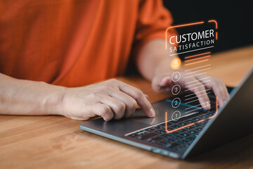 Fototapete - Customer experience concept, best excellent services rating by online application, customer using a laptop give ratings 5 point for feedback review satisfaction service opinion and testimonial.