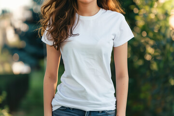 Wall Mural - A woman with a white t-shirt with no design