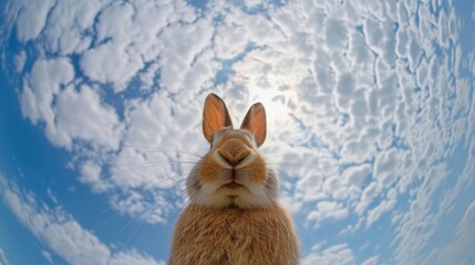 Bottom view of a rabbit against the sky. An unusual look at animals. Animal looking at camera