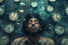 Conceptual Portrait Of A Dreamer Surrounded By Floating Clocks Surreal Atmosphere Suggesting The Passage Of Time